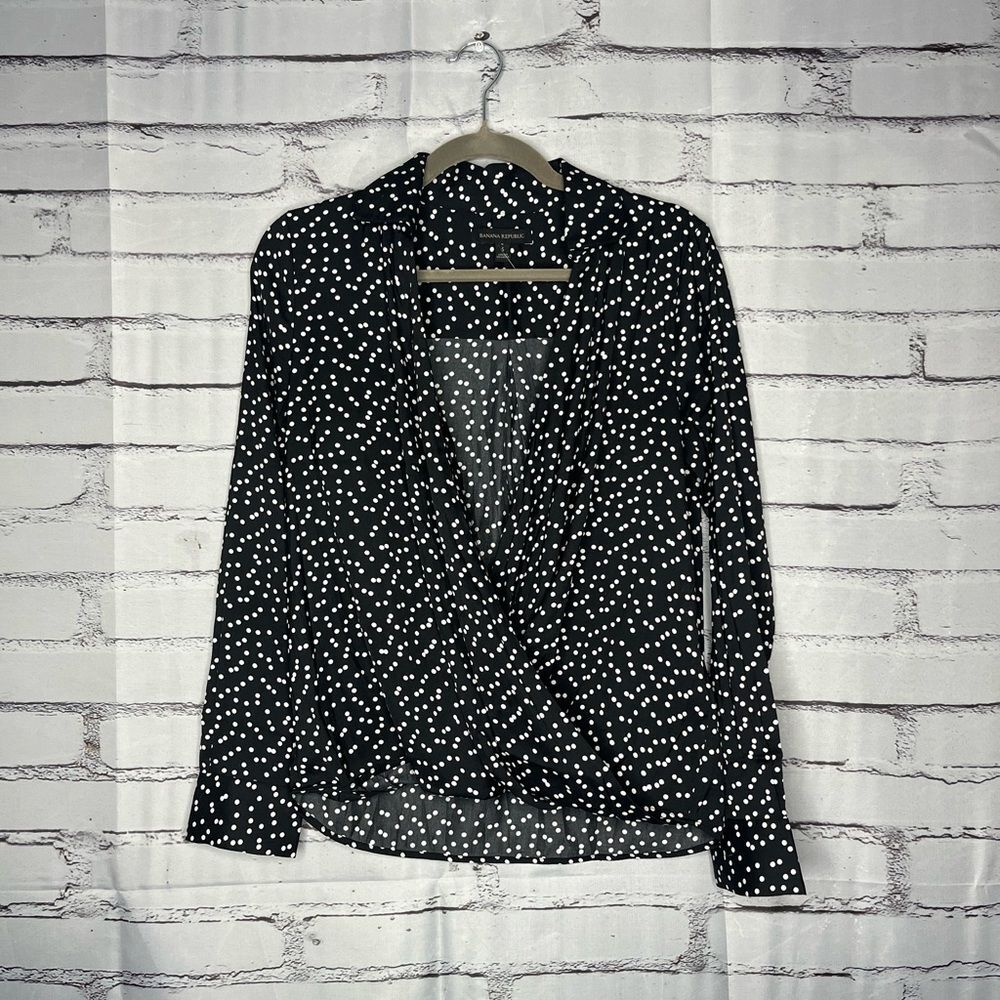 Banana Republic Black White Polka Dot Cowl Neck Surplice Blouse SP Work Casual
